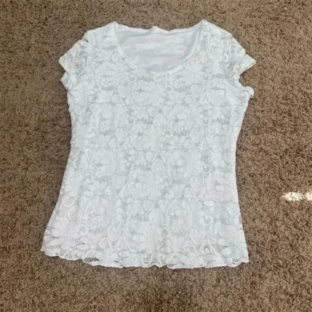 New Karl Lagerfeld Paris Women's M White Lace Sheer Blouse Cap Sleeve Casual Top